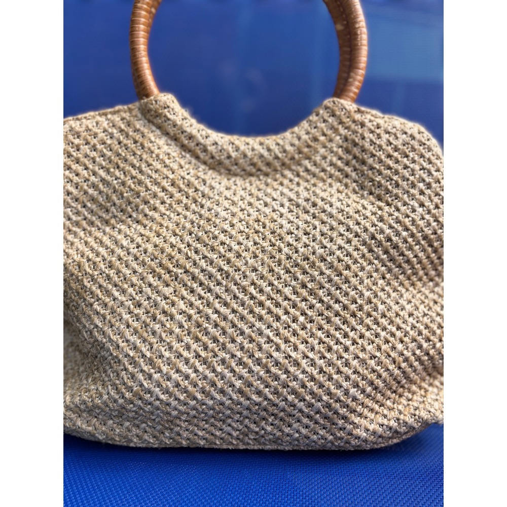 Vintage Floral Embroidered Straw Handbag Woven Wood Handle Boho Summer Tote Bag - Picture 4 of 5